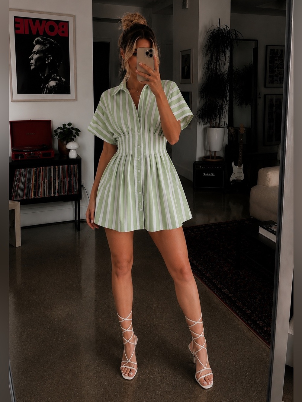 Exquise Tobie Green Striped Button Front Pleated Mini Shirtdress Medium New NWT